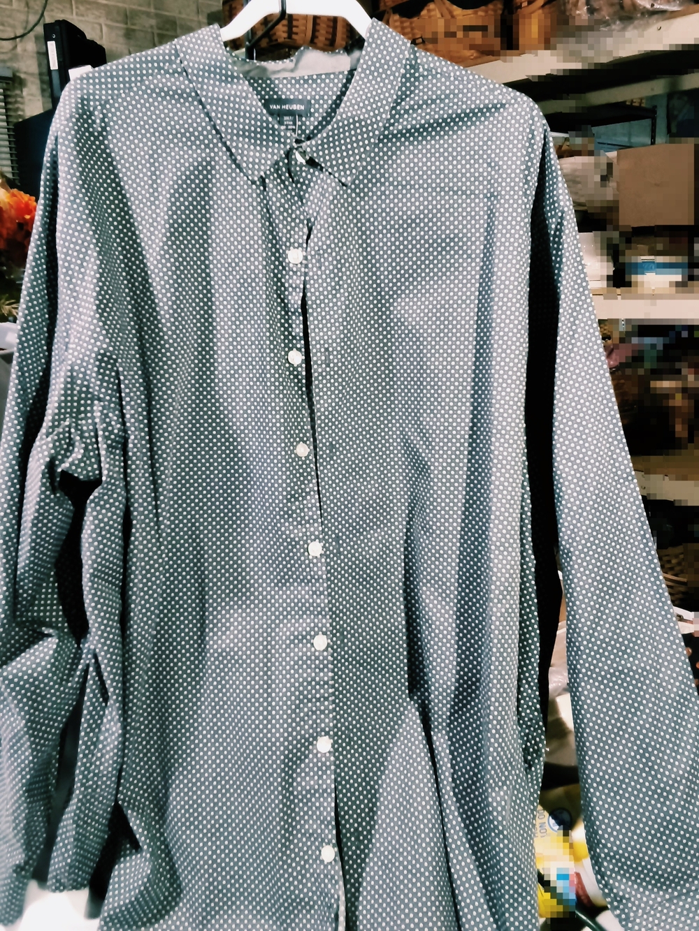 Van Heusen Men’s Teal Button-Down Shirt with White Micro Dots